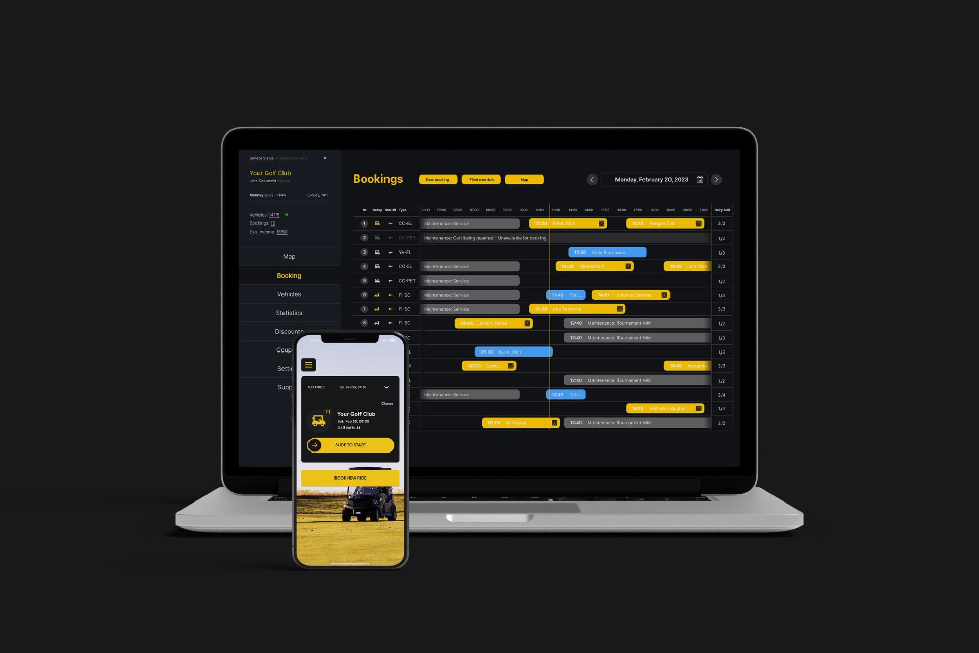 EAGL fleet management dashboard showing live bookings and revenue overview